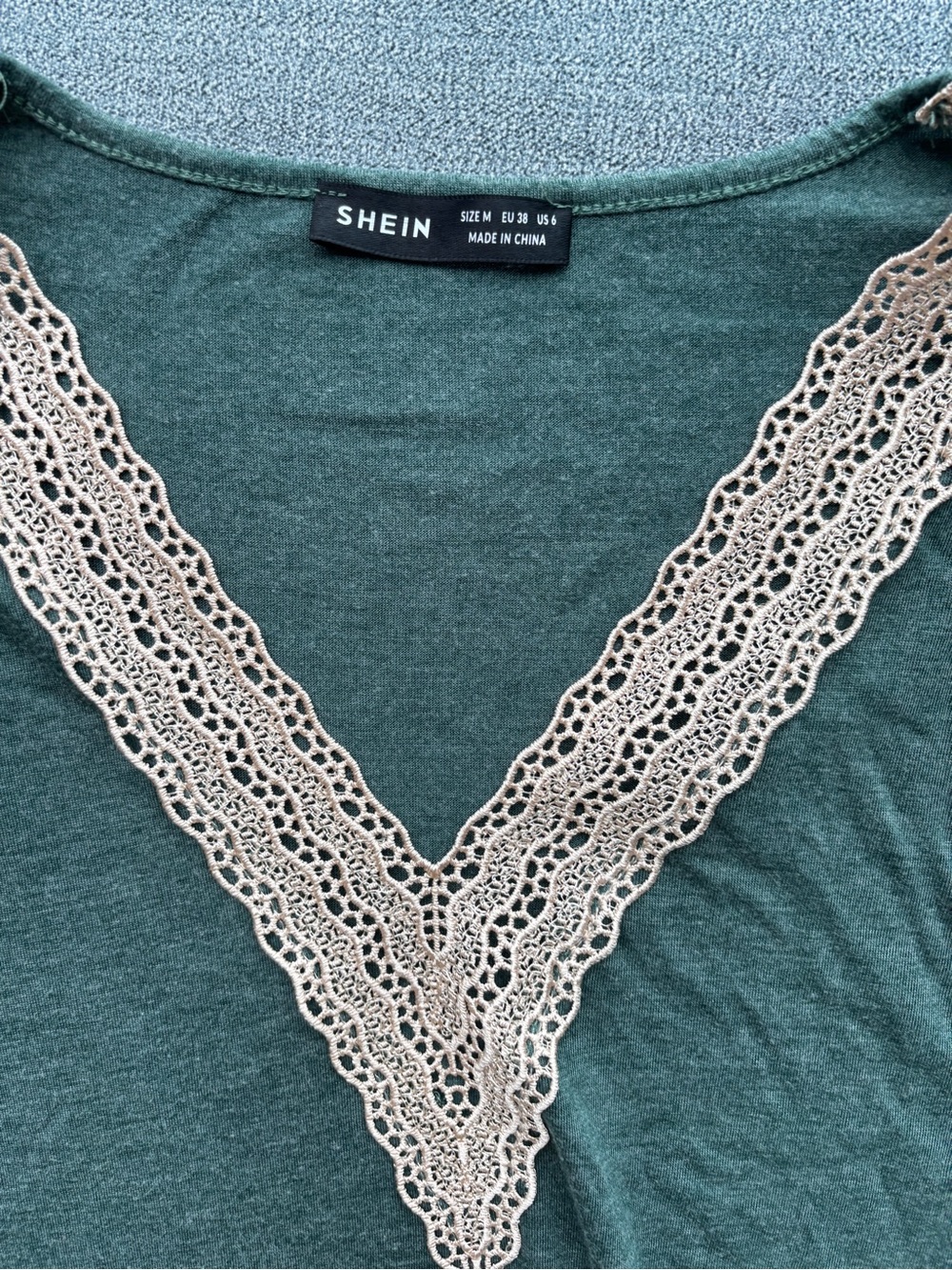 SHEIN Green V-Neck Top with Cream Lace Trim